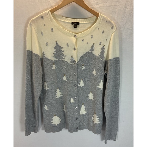 Talbots Gray sparkly Holiday Cardigan Sweater Size MD Christmas trees festive - Picture 1 of 9